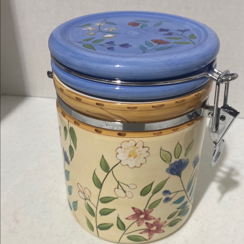 Floral Ceramic Food Storage Jar with Blue Lid